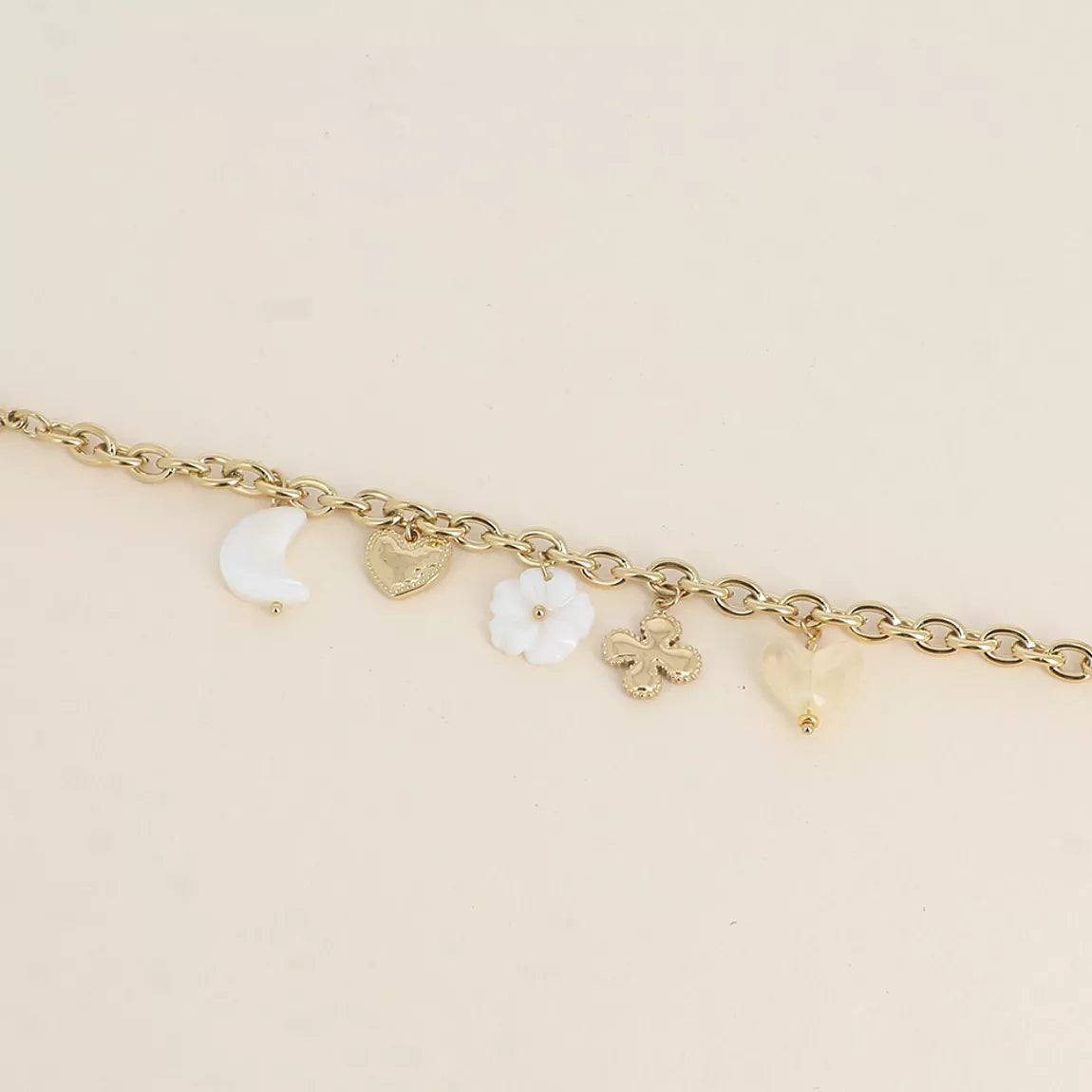 Bracelet chaîne trèfle, coeurs & lune