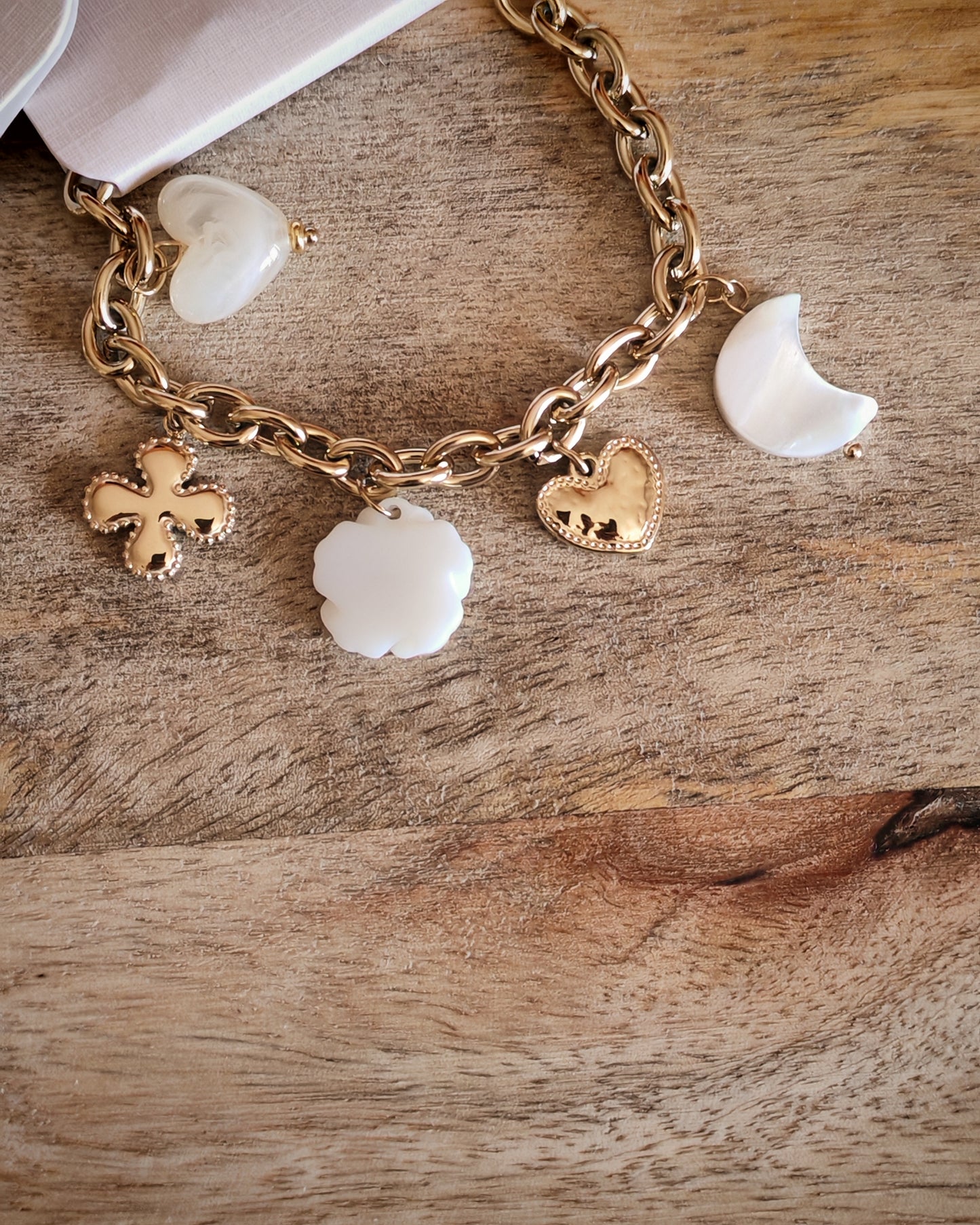 Bracelet chaîne trèfle, coeurs & lune