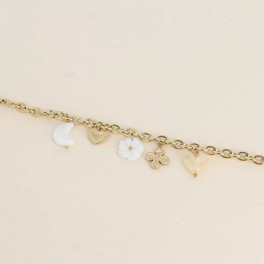 Bracelet chaîne trèfle, coeurs & lune
