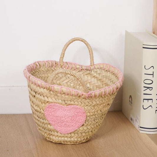 Petit panier en palme - Broderie cœur (rose)